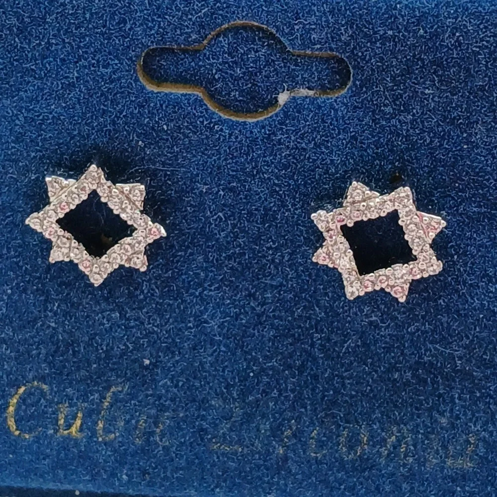 Vintage 1990s Cubic Zirconia Geometric Star Stud Earrings Silver Tone New‎